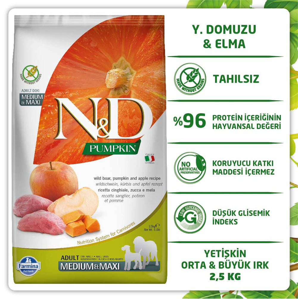 N&D Farmina close-up ingredients like boar, pumpkin, and apples for balanced nutrition