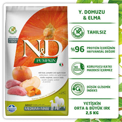 N&D Farmina close-up ingredients like boar, pumpkin, and apples for balanced nutrition