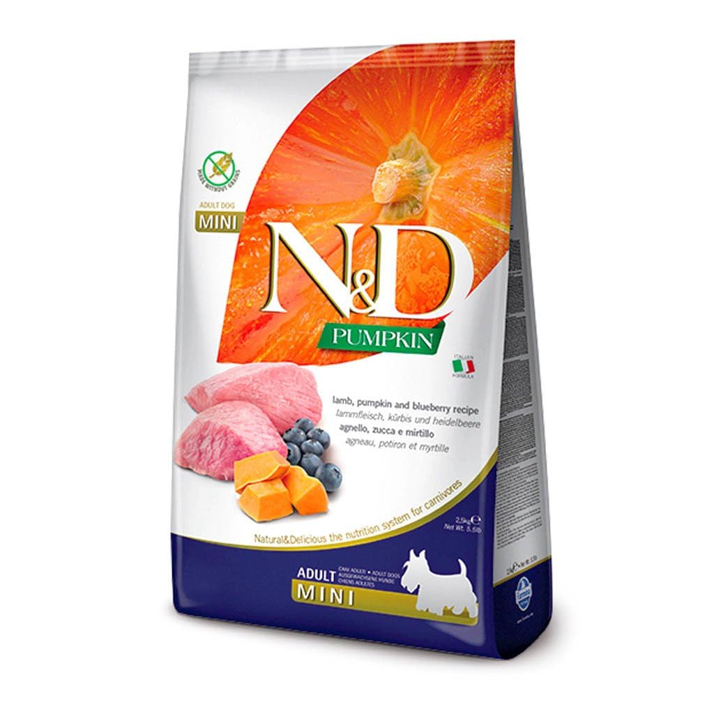N D Farmina Pump Lamb 15.4lb bag packaging shows grain-free dog food suitable for sensitive diets.
