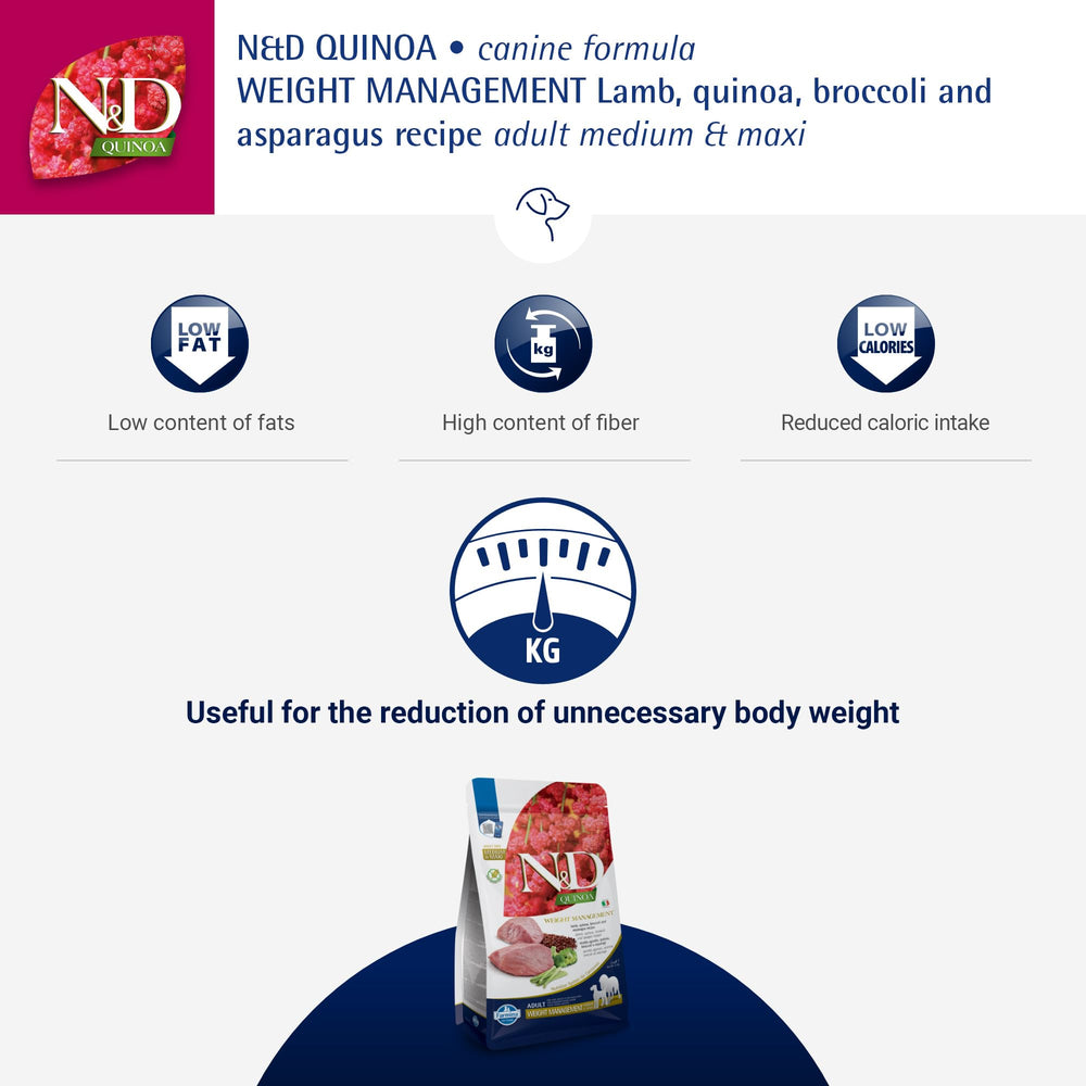 N&D Farmina quinoa weight management lamb ingredients close-up with lamb and quinoa