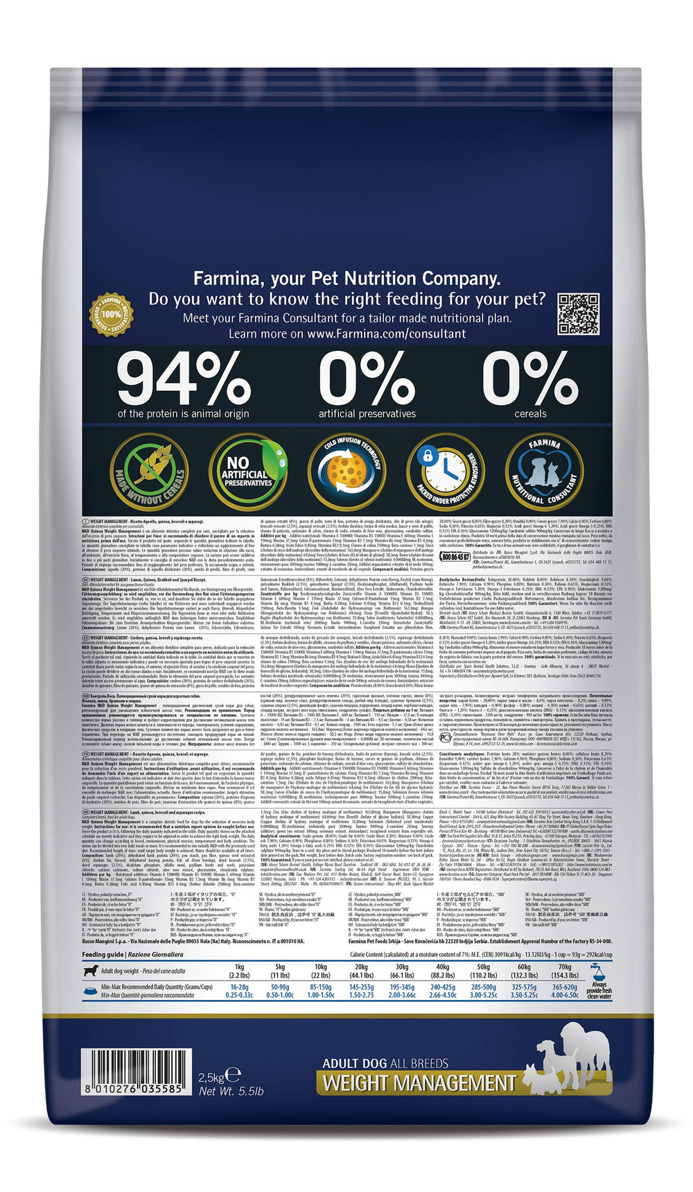 N&D Farmina quinoa weight management lamb kibble close-up highlights palatability and portion control