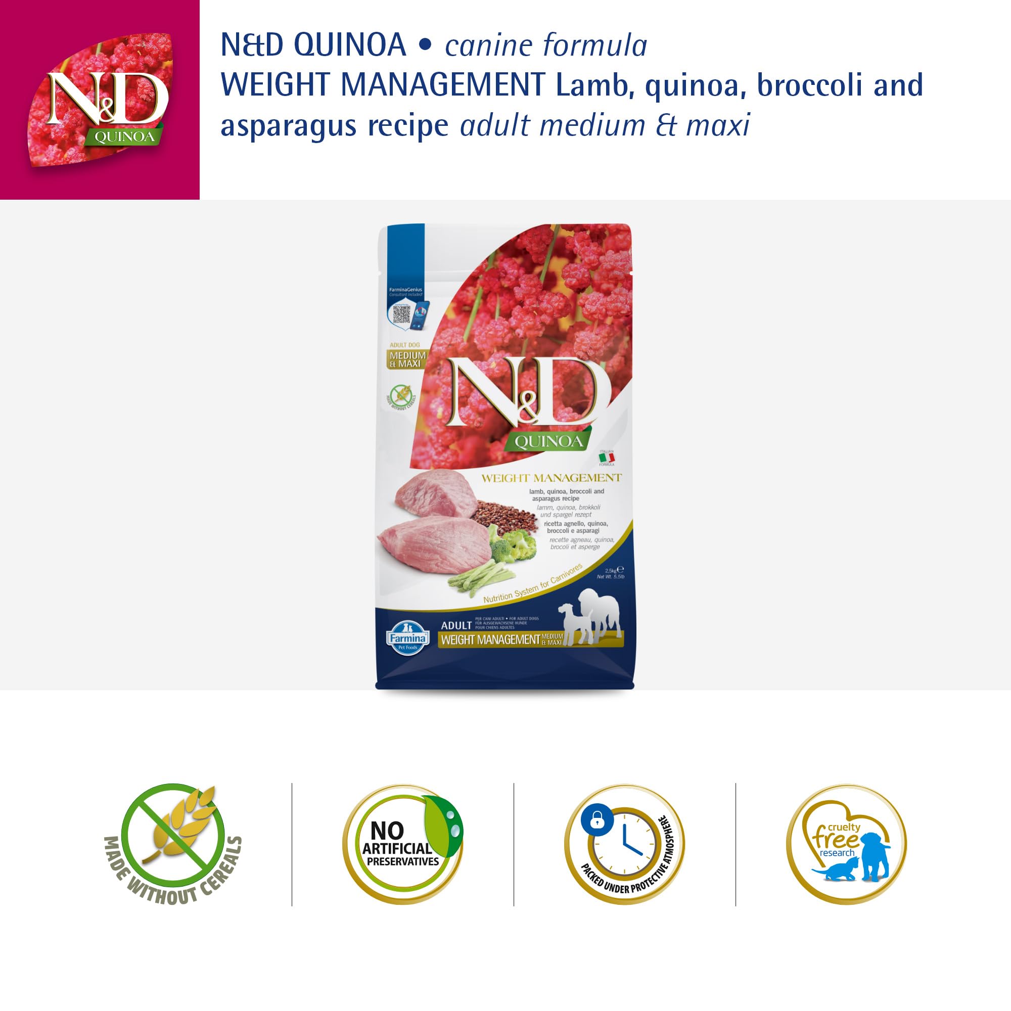 N&D Farmina weight management lamb kibble with broccoli and asparagus highlights natural vegetables