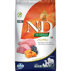 N&D Lamb Blueberry Adult Mini bag front highlights premium high-animal-protein recipe.