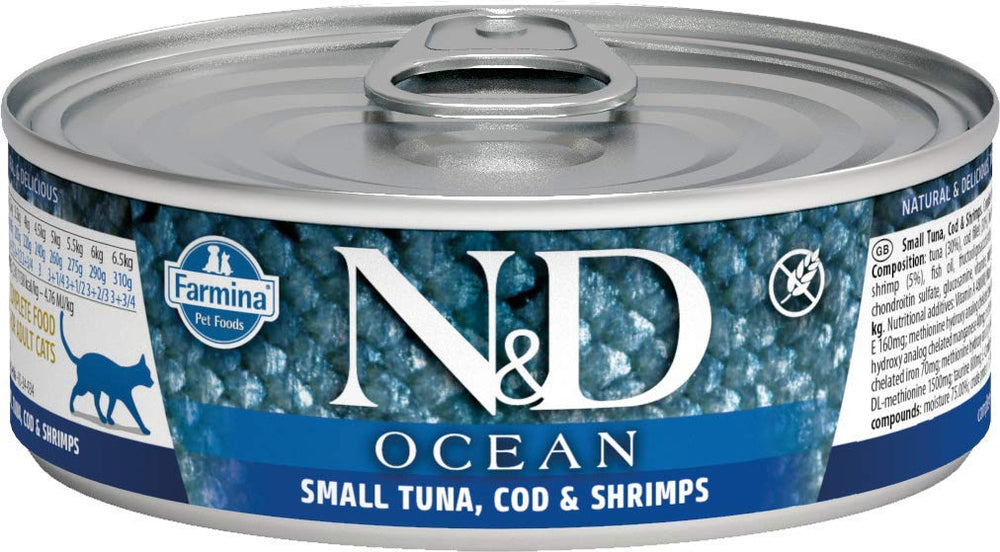 N&D Ocean Cat Tuna Cod & Shrimp can – premium wet cat food for balanced nutrition.