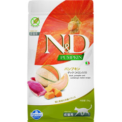 N&D pumpkin-duck dry cat food bag for balanced nutrition.