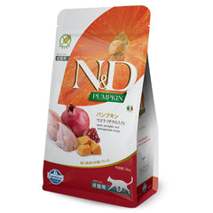 N&D Pumpkin Quail Recipe cat food bowl shows complete balanced nutrition for adult cats.