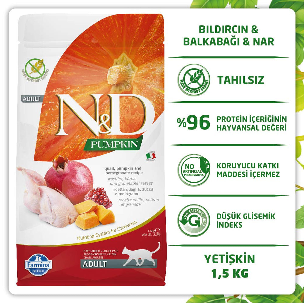 N&D ingredient closeup with quail and pumpkin emphasizes protein and fiber sources.