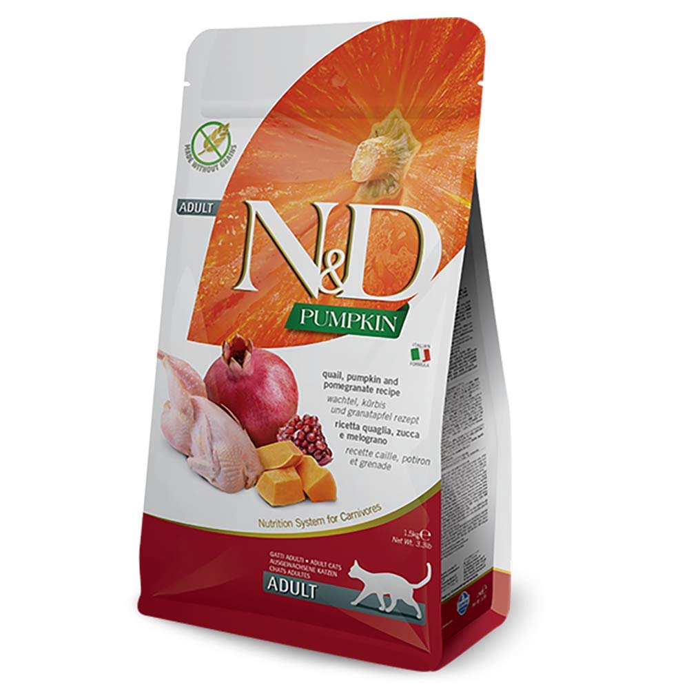 N&D pumpkin-quail-kibble closeup highlights grain-free formula for sensitive stomachs.