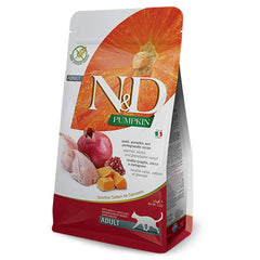 N&D pumpkin-quail-kibble closeup highlights grain-free formula for sensitive stomachs.