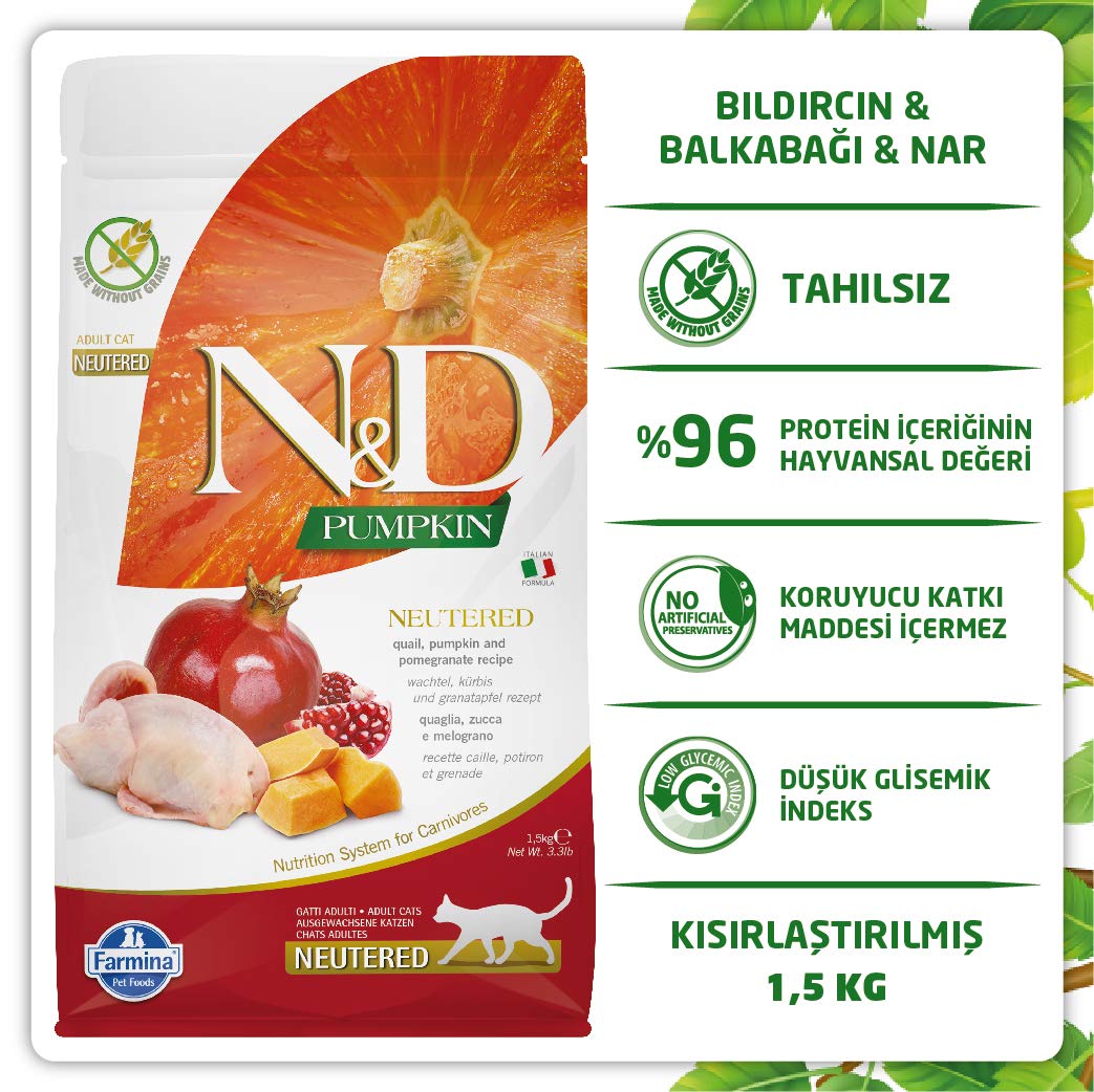 N&D Quail & Pomegranate Neutered ingredients close-up with natural components