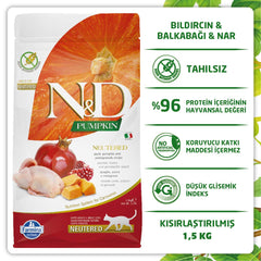 N&D Quail & Pomegranate Neutered ingredients close-up with natural components