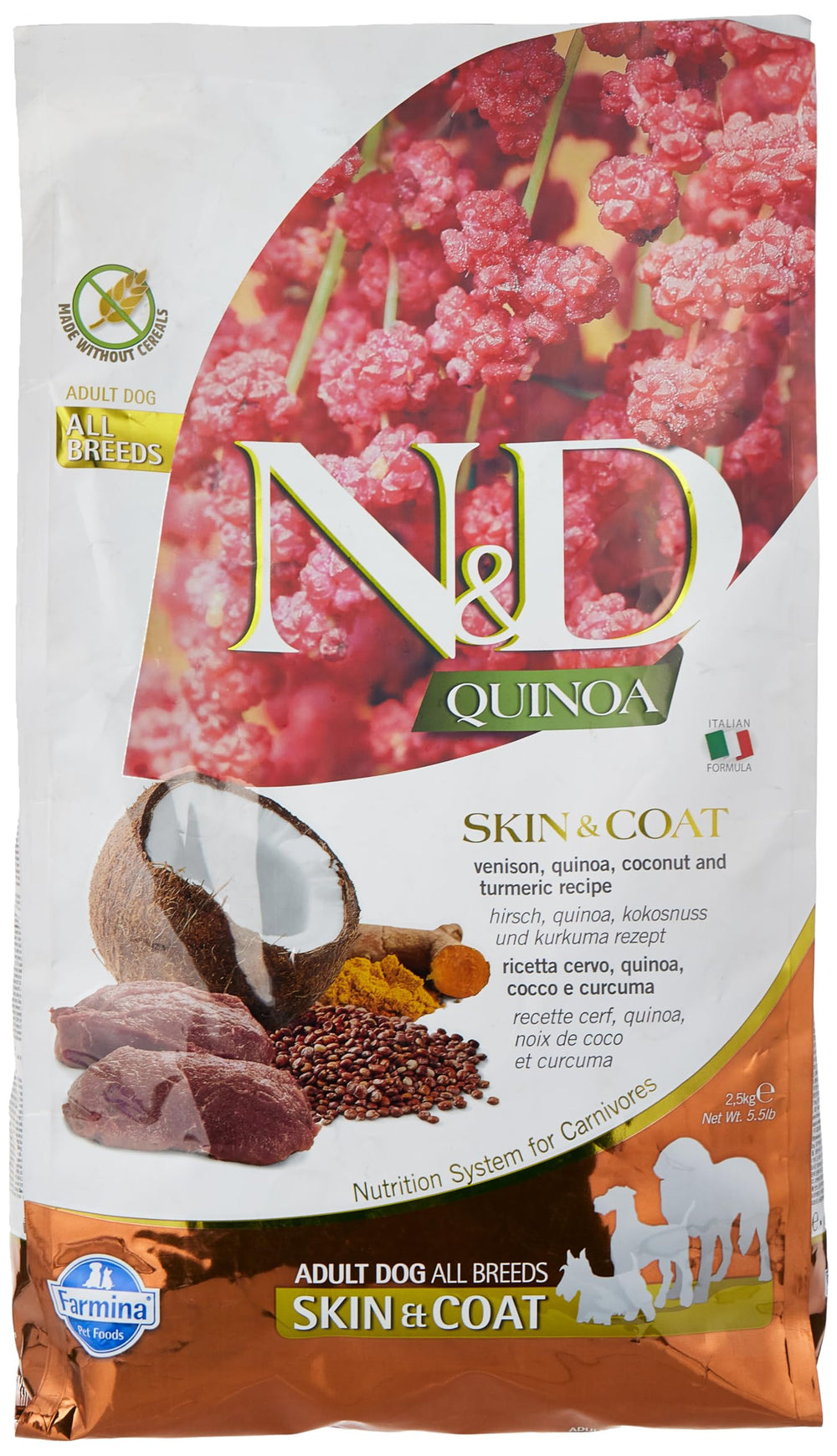 N&D Quinoa Skin&Coat venison kibble bag supports a healthy coat with natural ingredients.