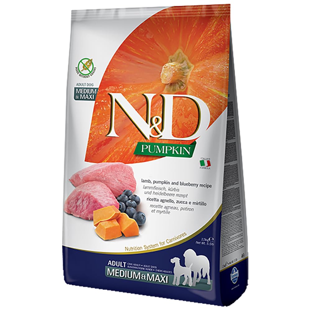 N&D Farmina Pumpkin-Lamb-Blueberry dry dog food bag showcasing grain-free nutrition for dogs