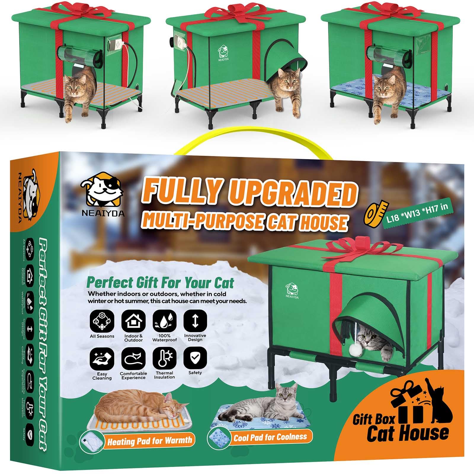 NEAIYDA outdoor heated cat house exterior shows weatherproof shell for year-round shelter.