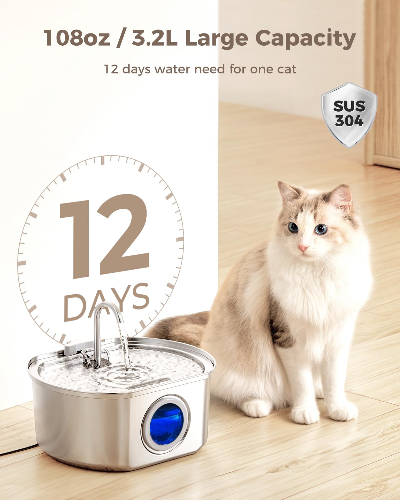 Neareal Cat Water Fountain stainless steel body resists corrosion and cleans easily.