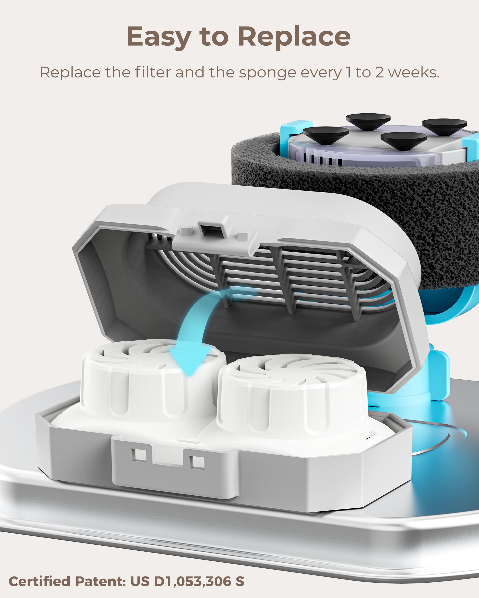 Neareal triple-layer filtration close-up shows debris trap and carbon