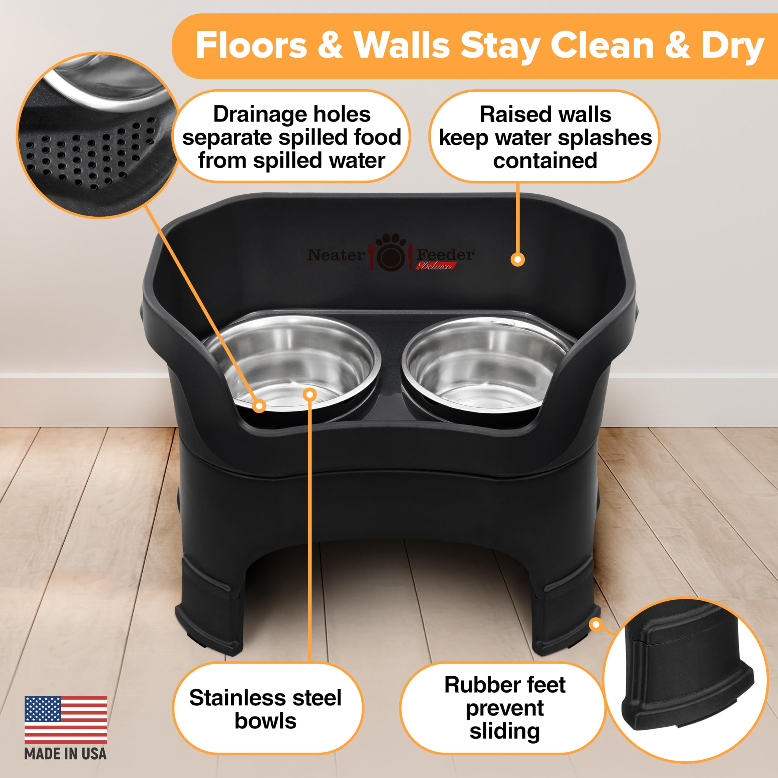 Neater Feeder Deluxe anti-slip feet prevent sliding during meals and spills.