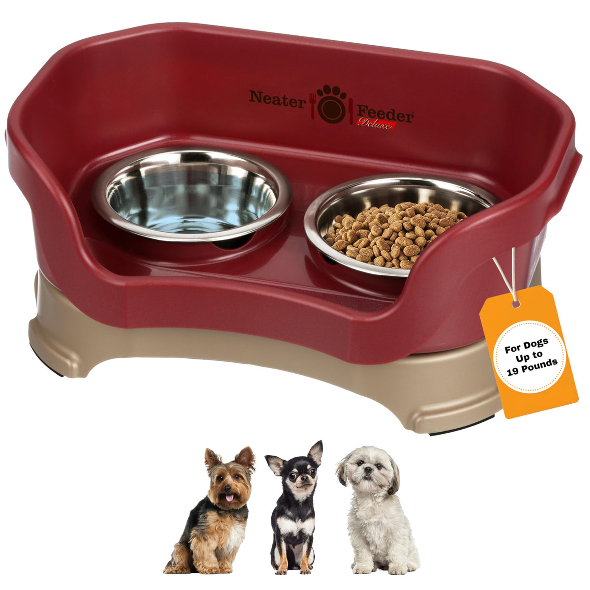 Neater Feeder Deluxe cranberry bowls setup reduces mess during meals
