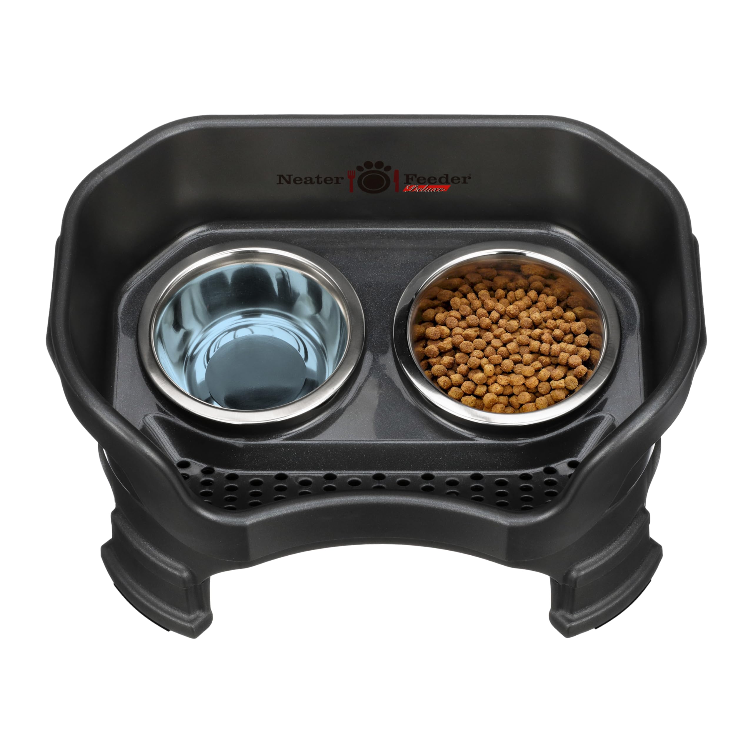 Neater Feeder Deluxe dishwasher-safe bowls and holder simplify cleanup after meals.