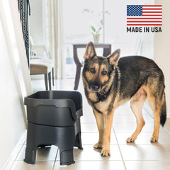 Neater Feeder Deluxe elevated-extensions show raised feeding height for large dogs.