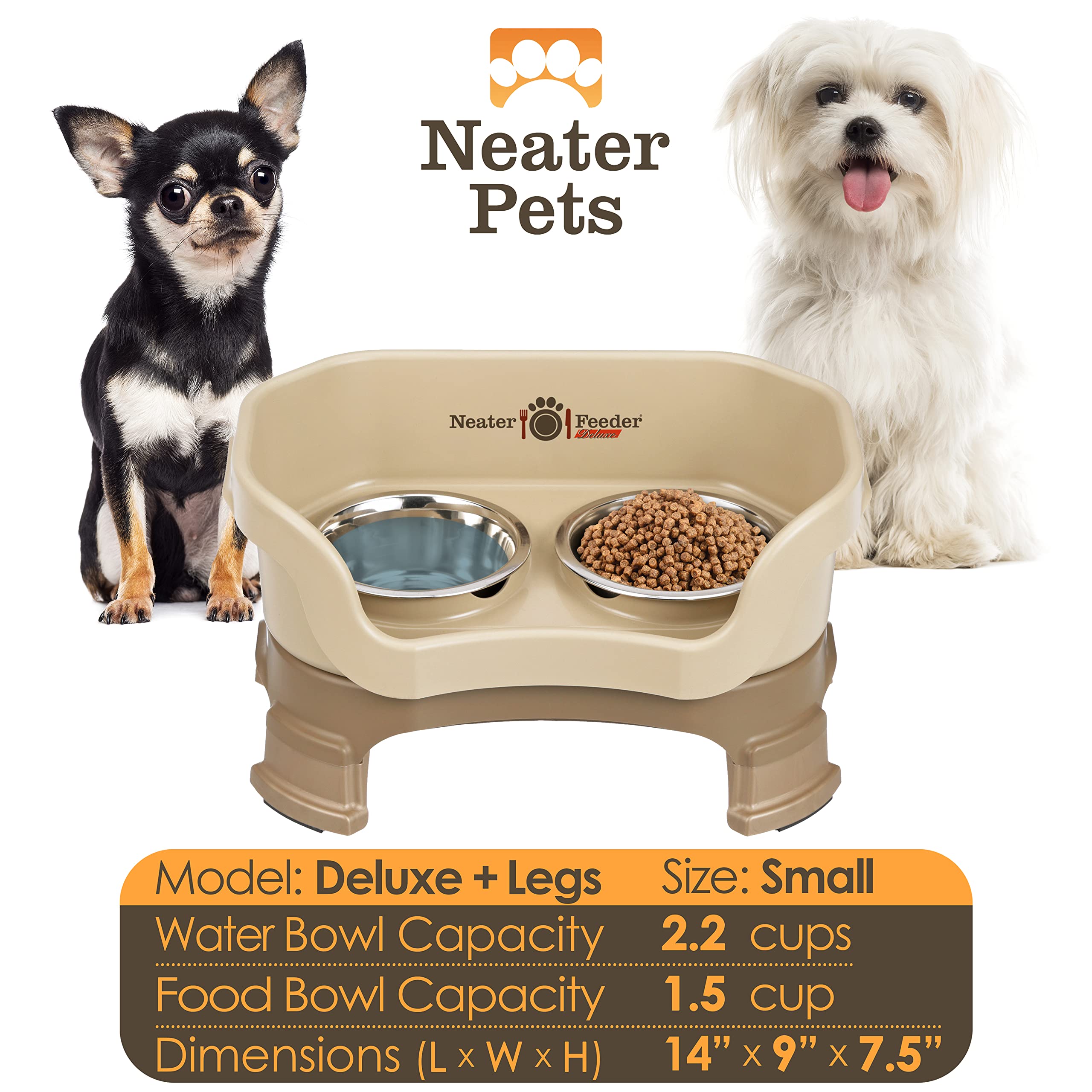 Neater Feeder Deluxe elevated stand supports comfortable feeding for small dogs.