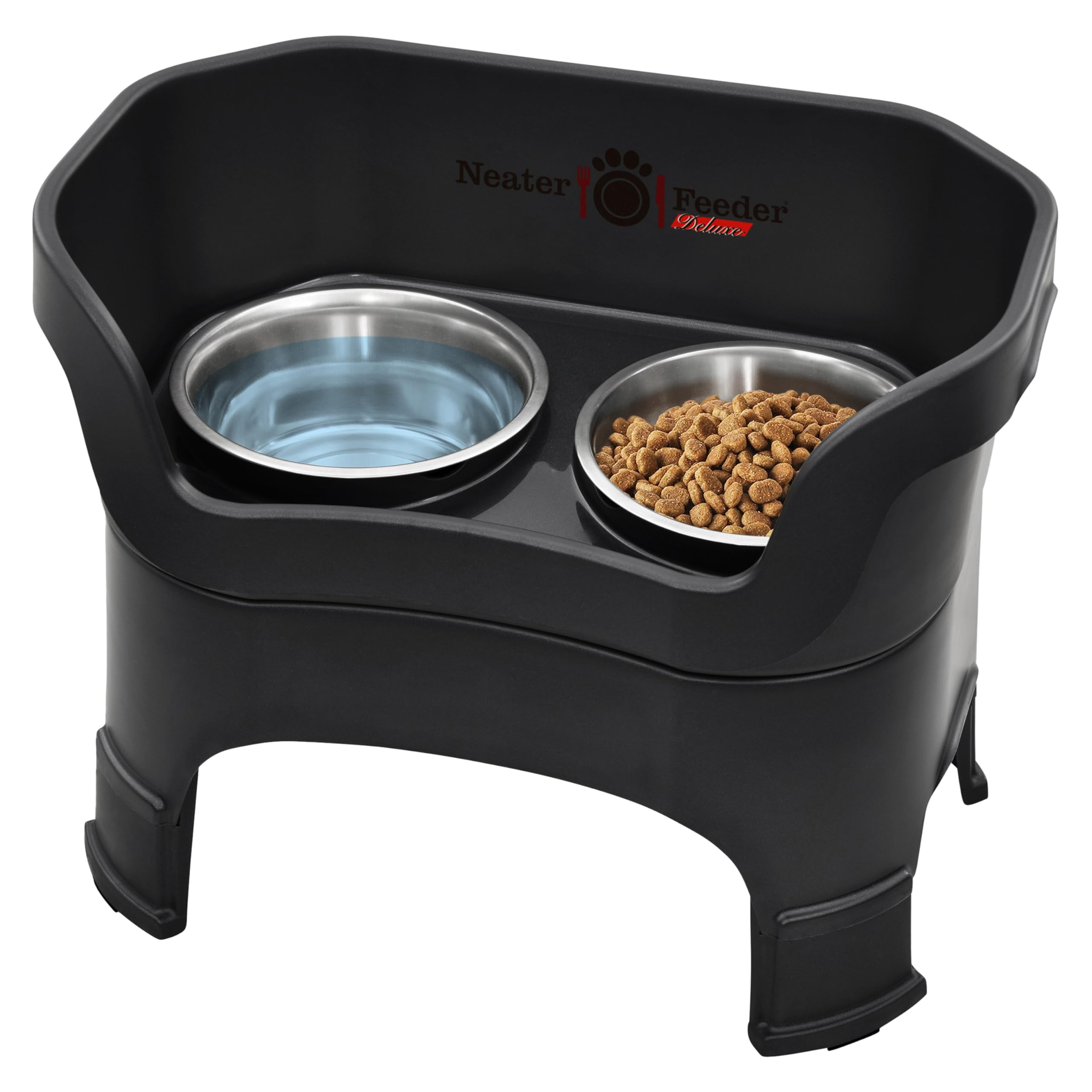 Neater Feeder Deluxe mess-proof setup demonstrates spill containment for clean floors.