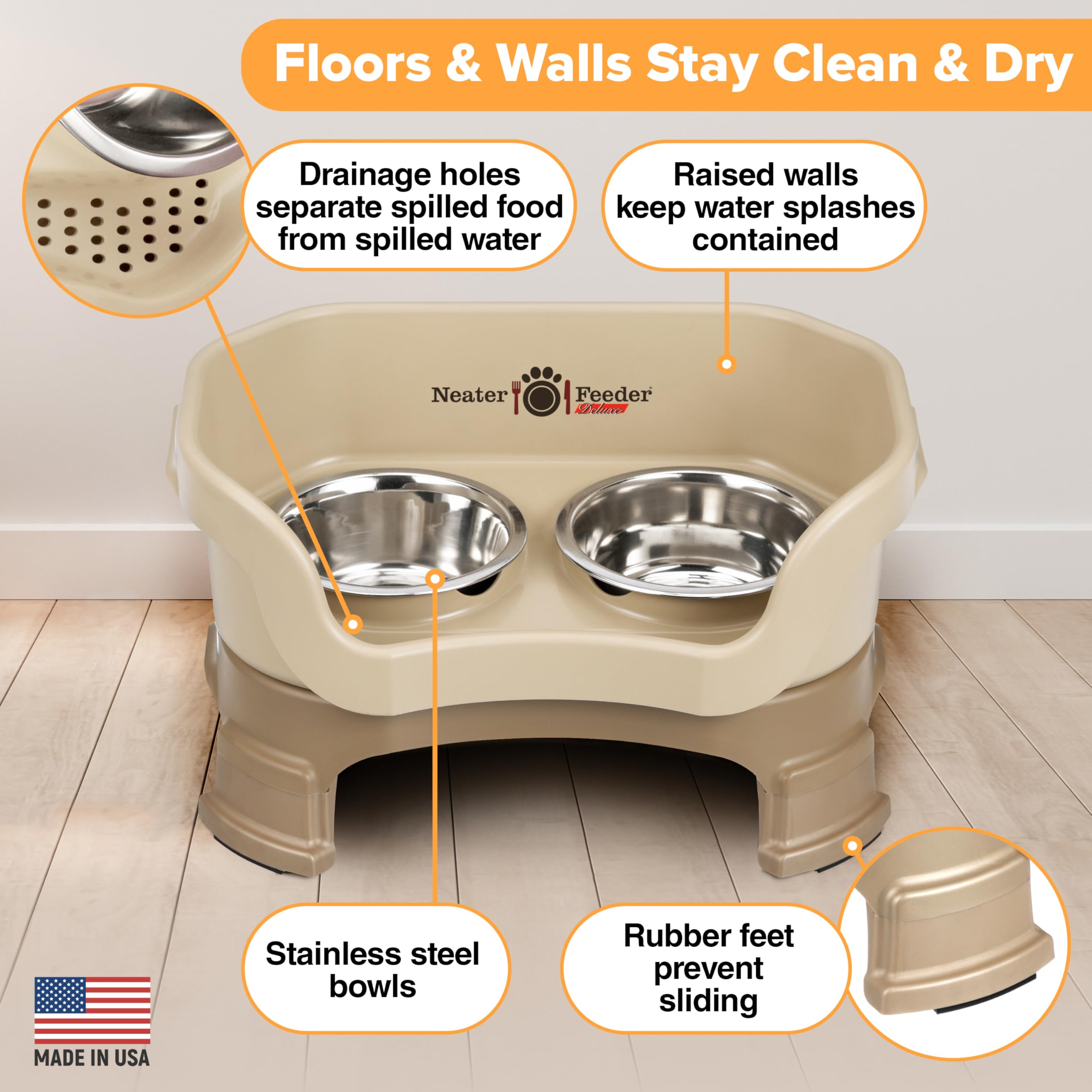Neater Feeder Deluxe non-skid feet secure placement and reduce splashing.