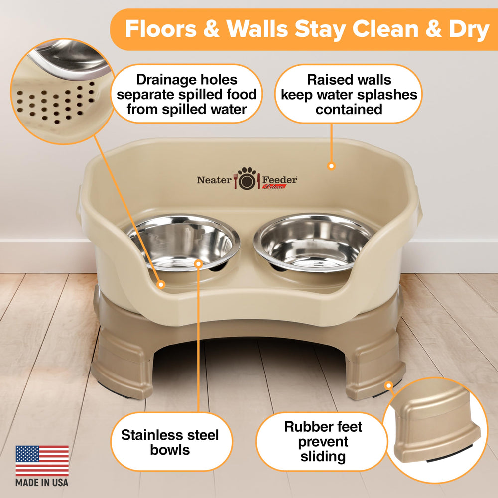 Neater Feeder Deluxe non-skid feet secure placement and reduce splashing.