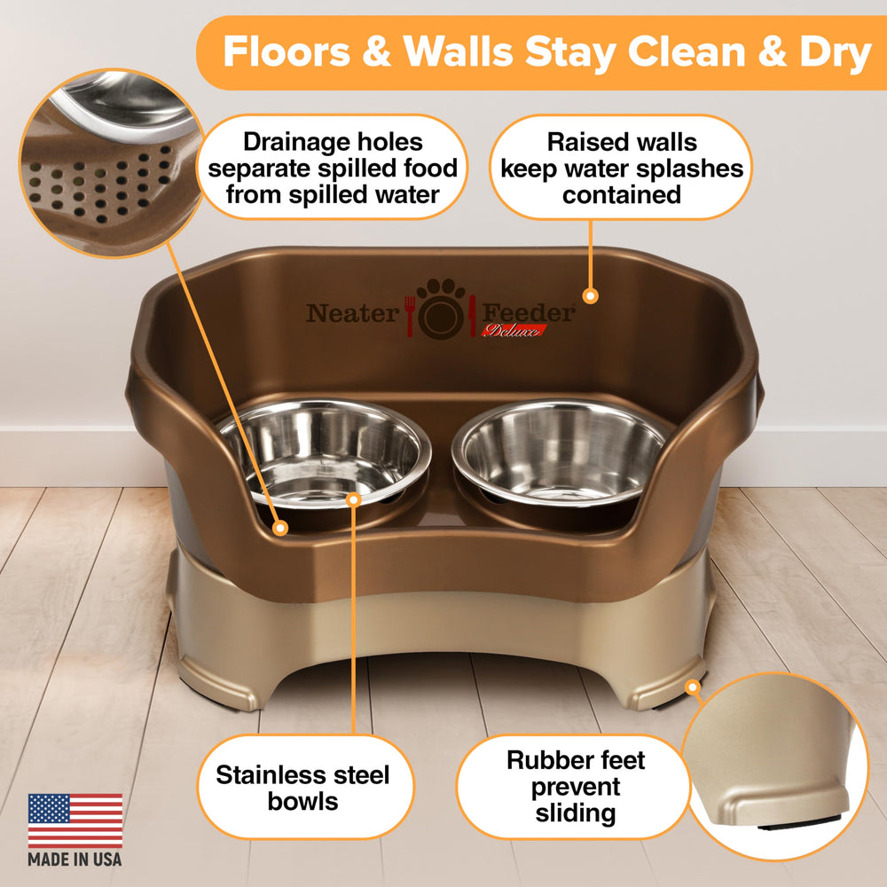 Neater Feeder Deluxe stainless steel bowls included for easy cleaning and durability