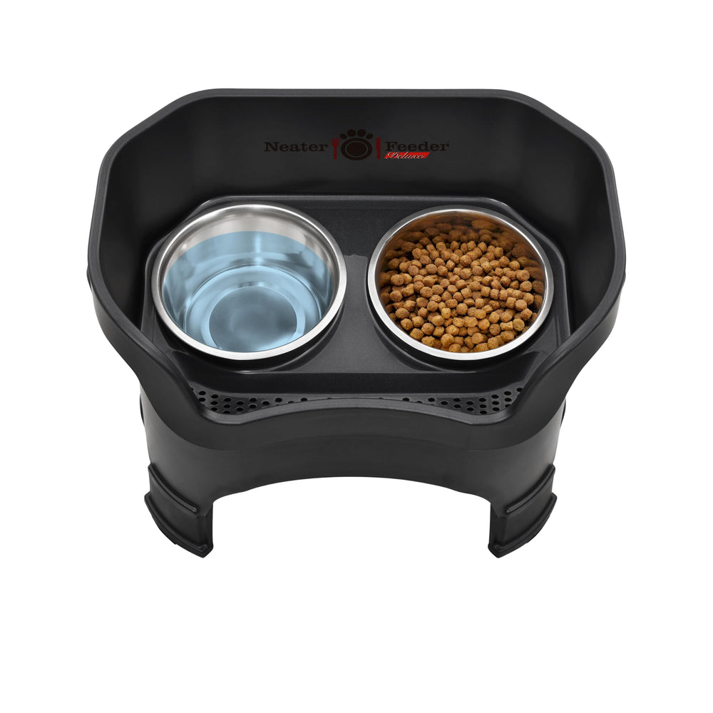 Neater Feeder Deluxe splash-proof walls drain water into bottom basin.