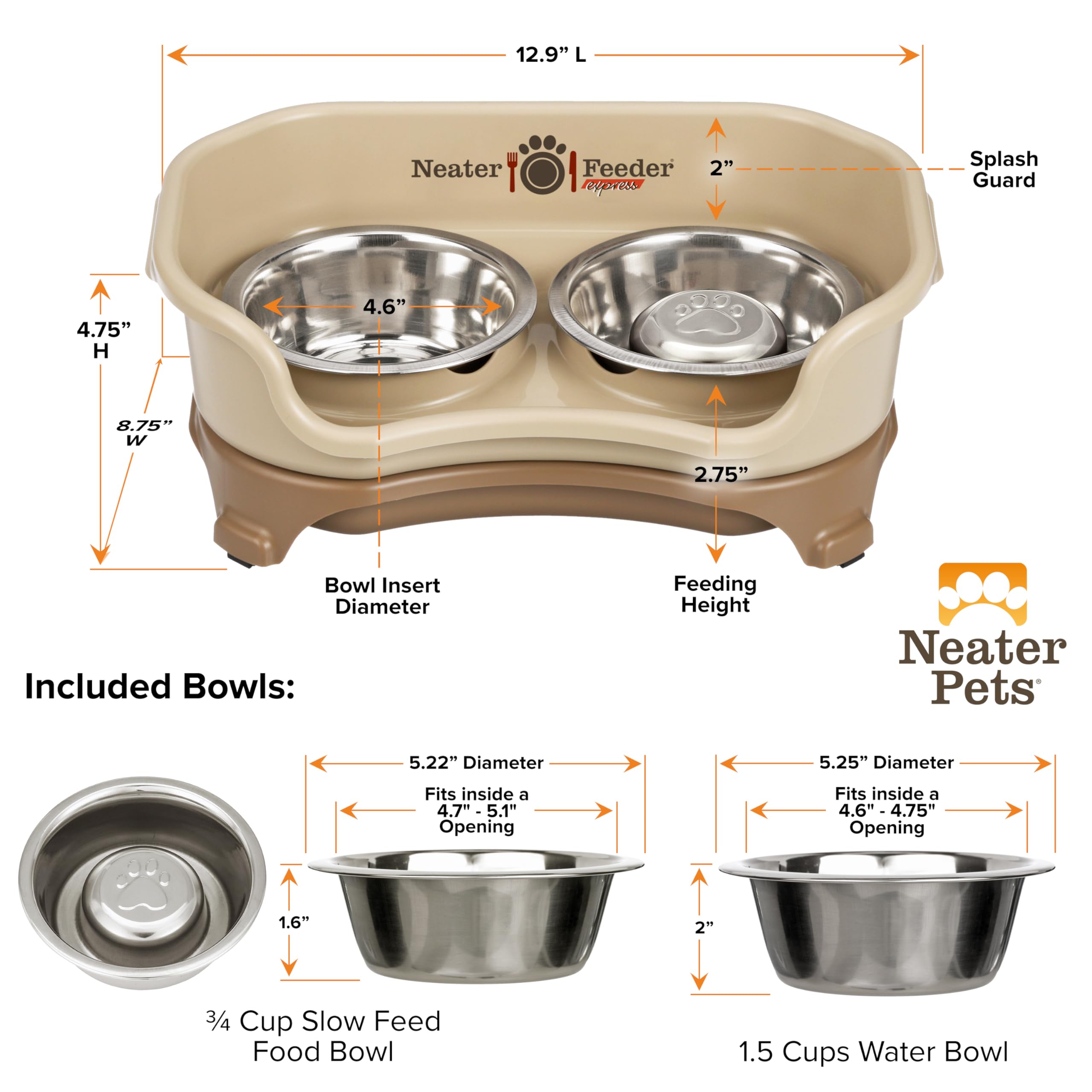 Neater Feeder Express cappuccino color complements small-dog feeding spaces.