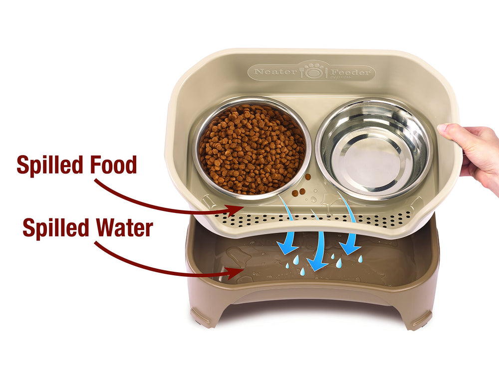 Neater Feeder Express catch basin drains water to keep area dry