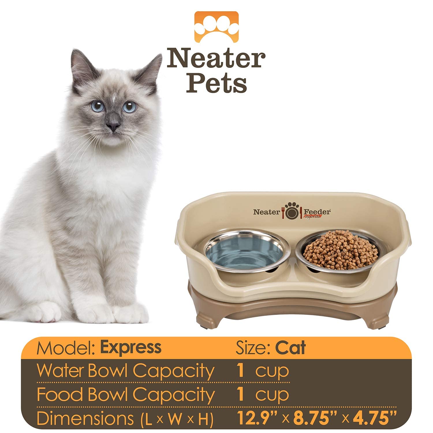 Neater Feeder Express catch basin collects spills to keep floors clean.