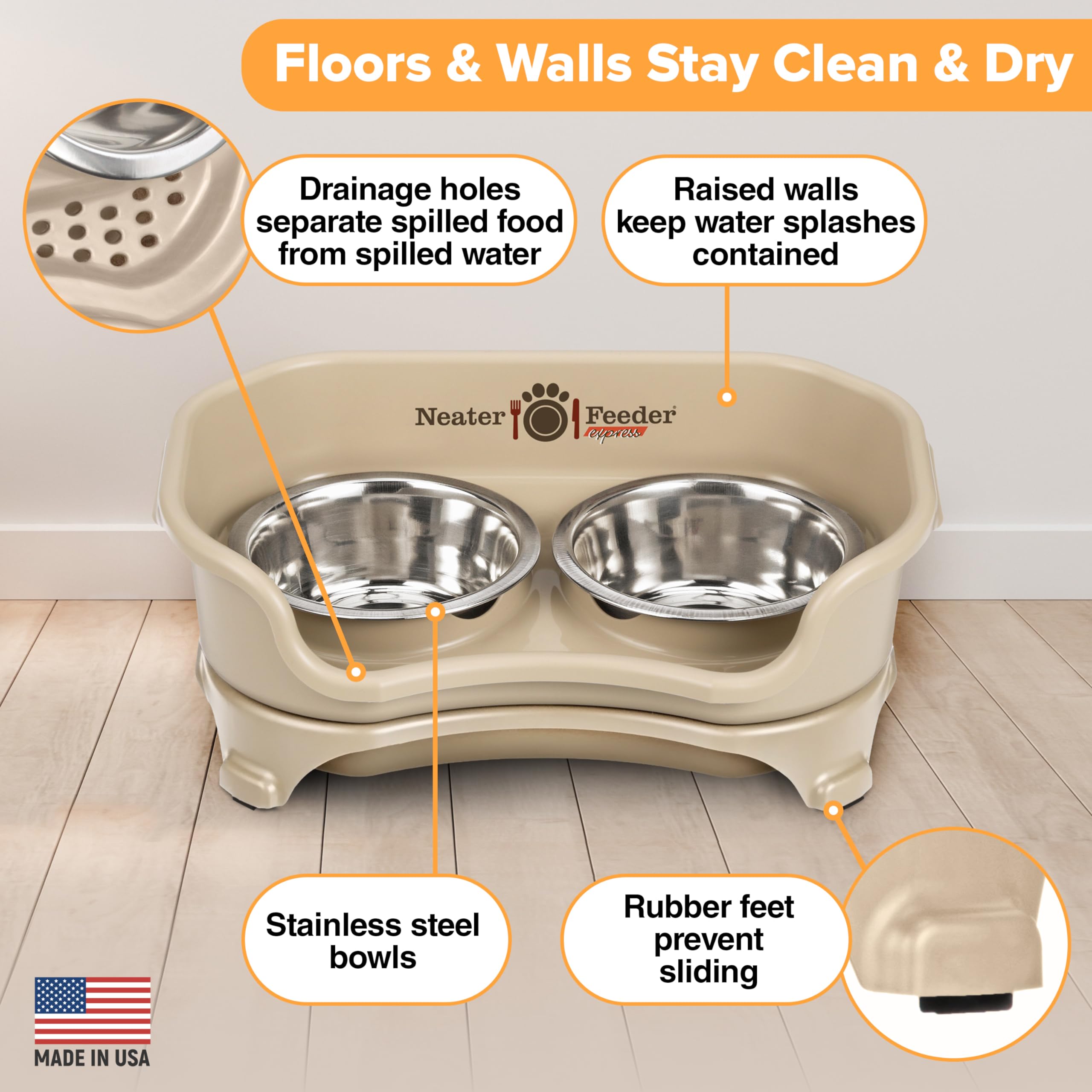 Neater Feeder Express catch basin drains water away from the feeding area.