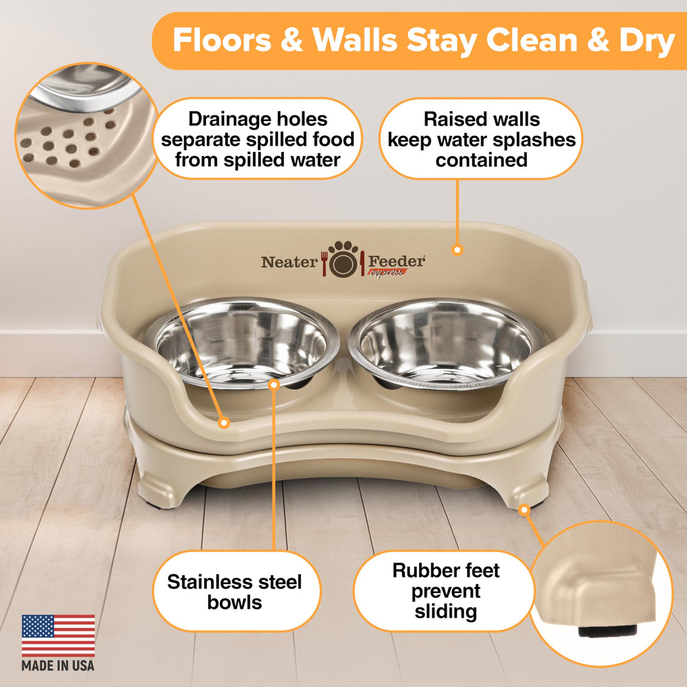 Neater Feeder Express catch basin drains water away from the feeding area.