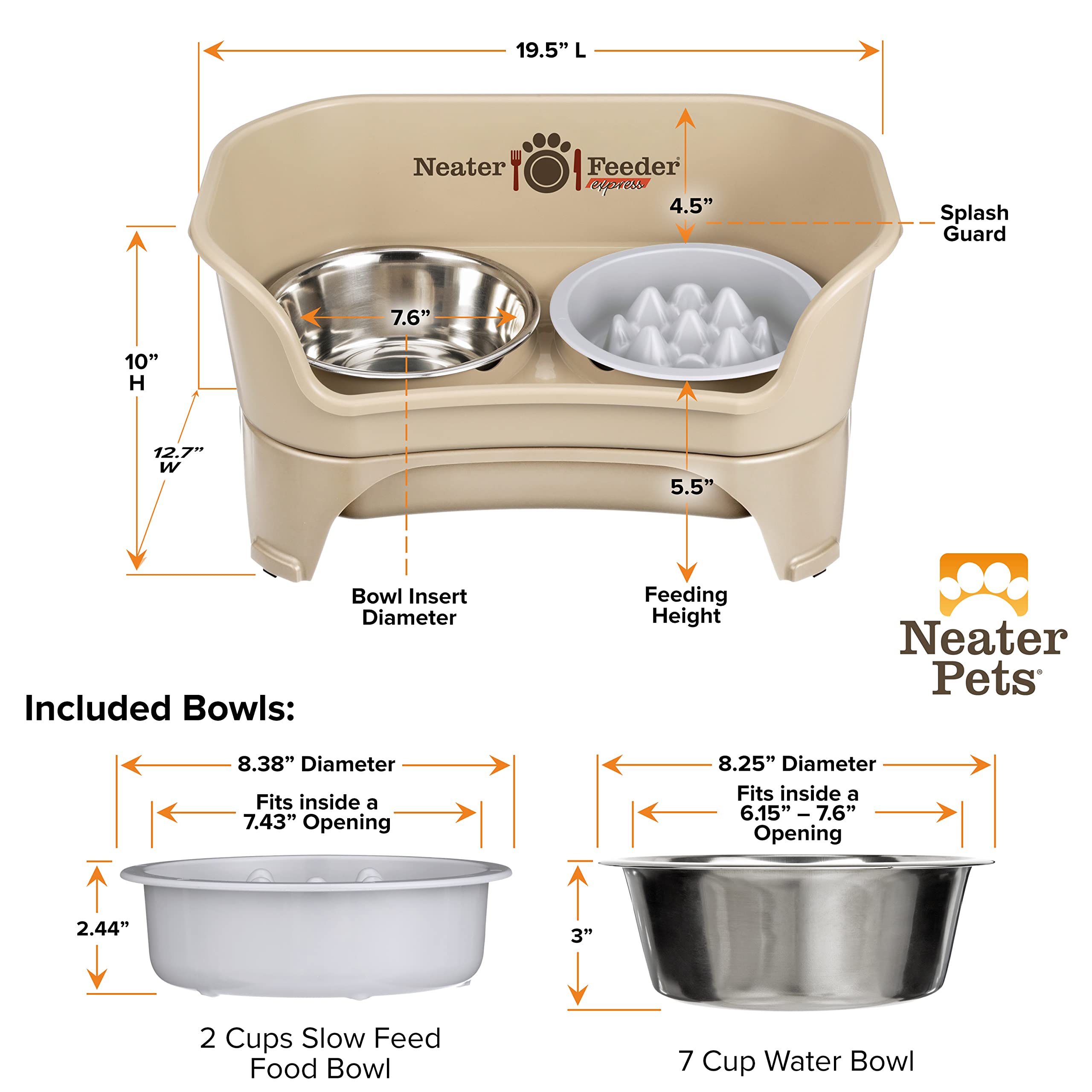 Neater Feeder Express dimensions-setup image shows a 19.5-by-12.7-inch footprint.