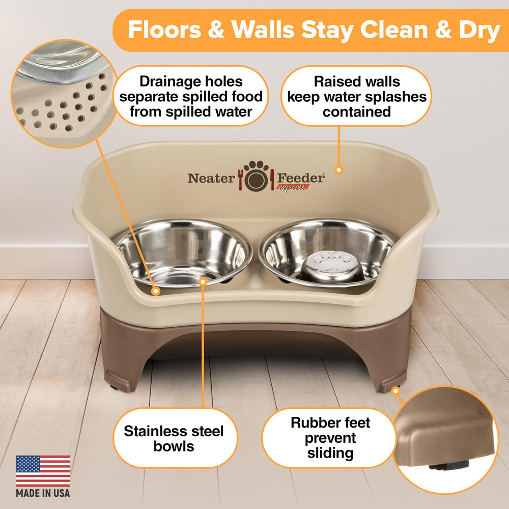 Neater Feeder Express dishwasher-safe stainless bowls simplify cleaning.