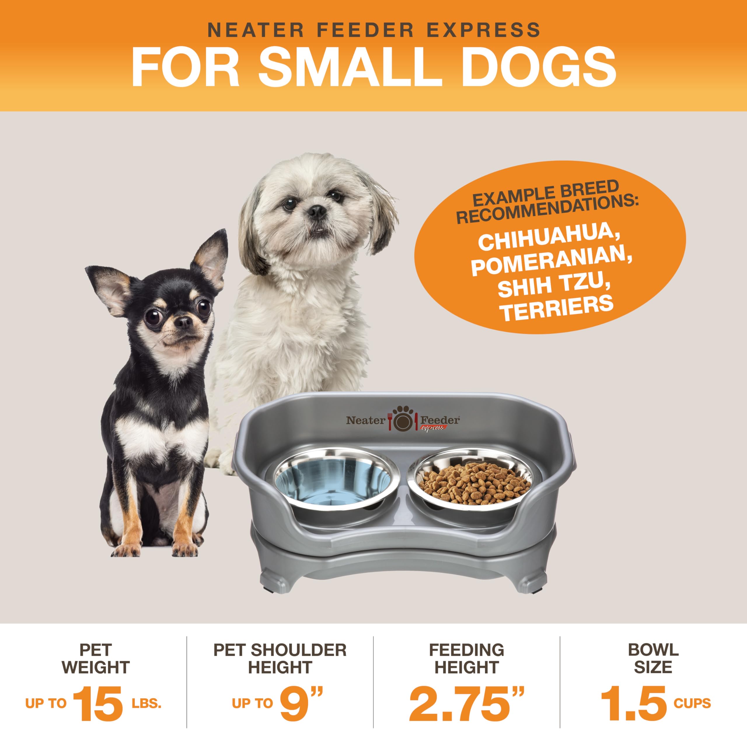 Neater Feeder Express elevated stand designed for small dogs to reduce neck strain.