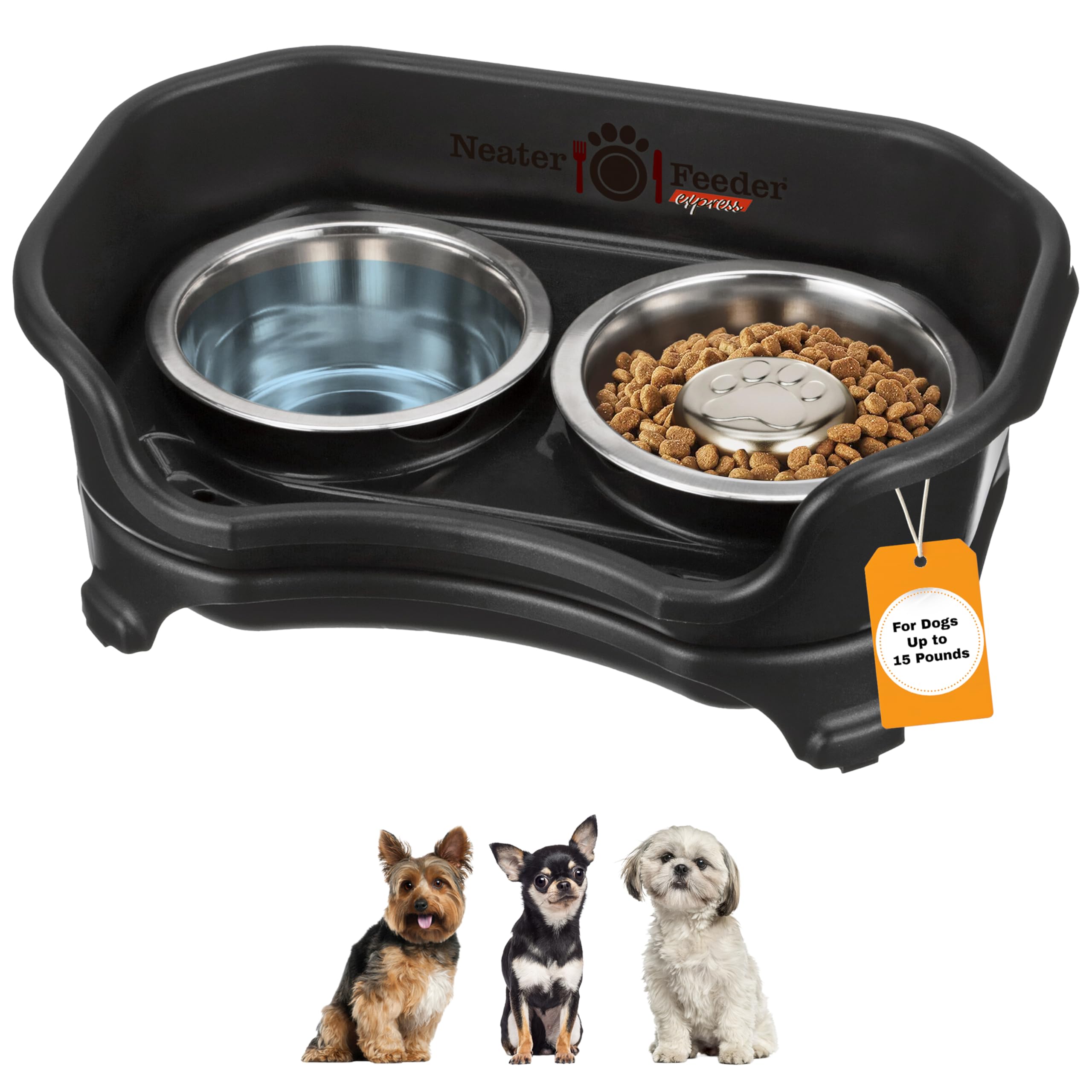Neater Feeder Express front view mess-proof stand showing raised bowls reduce spills