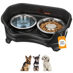 Neater Feeder Express front view mess-proof stand showing raised bowls reduce spills