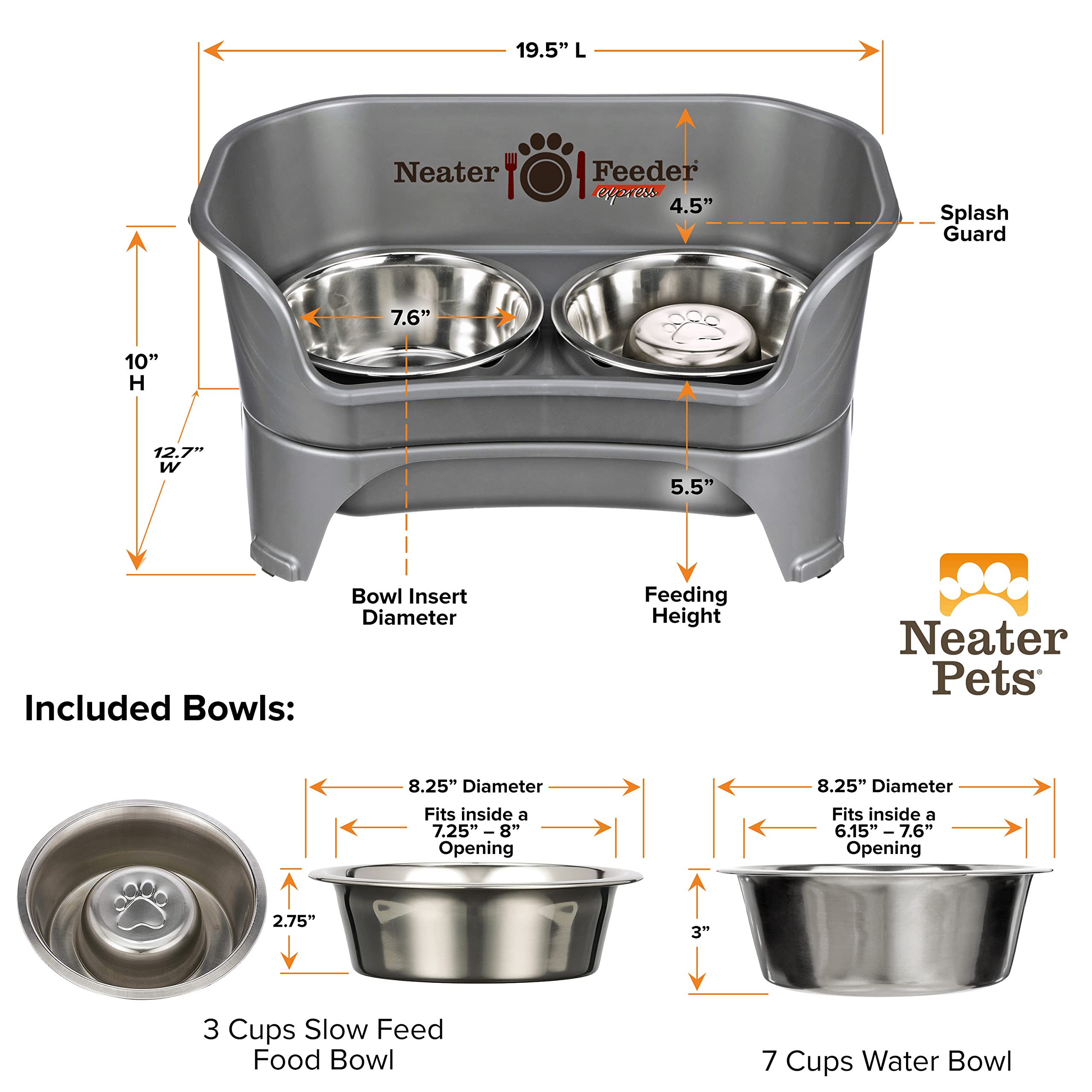 Neater Feeder Express grey model shown in a neat kitchen corner