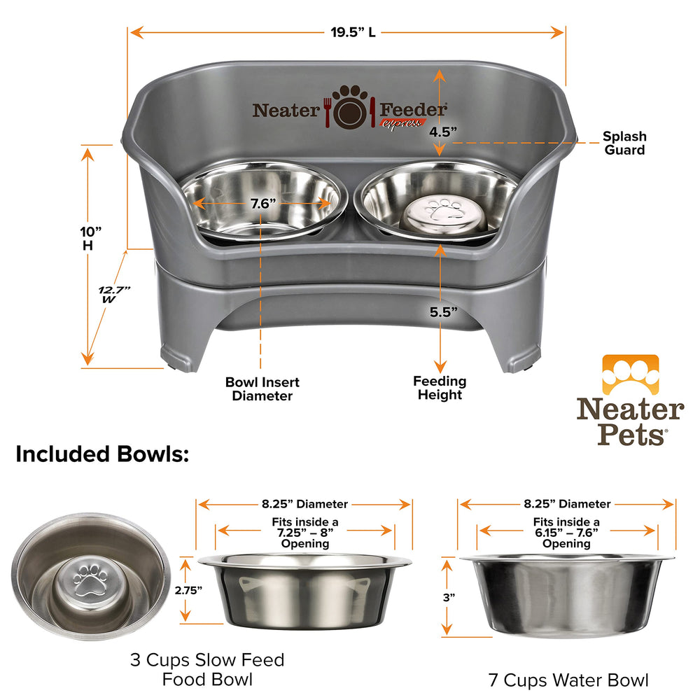 Neater Feeder Express grey model shown in a neat kitchen corner