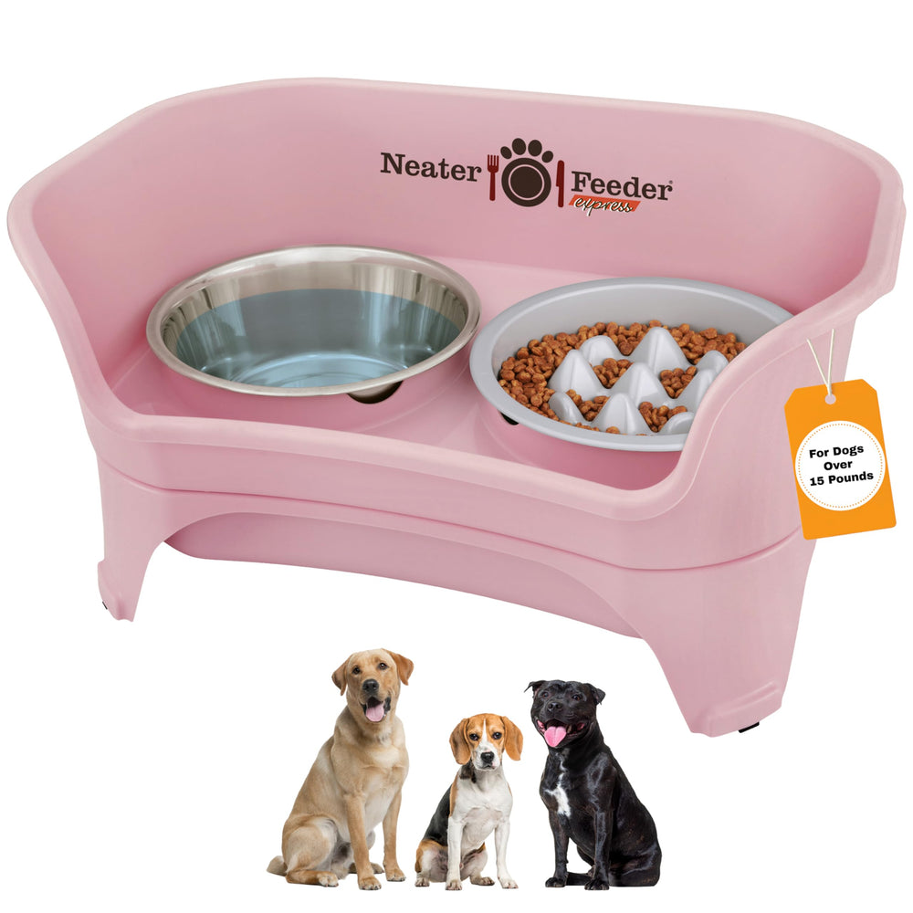 Neater Feeder Express mess-proof stand shown with a raised tray to help keep the feeding area clean.