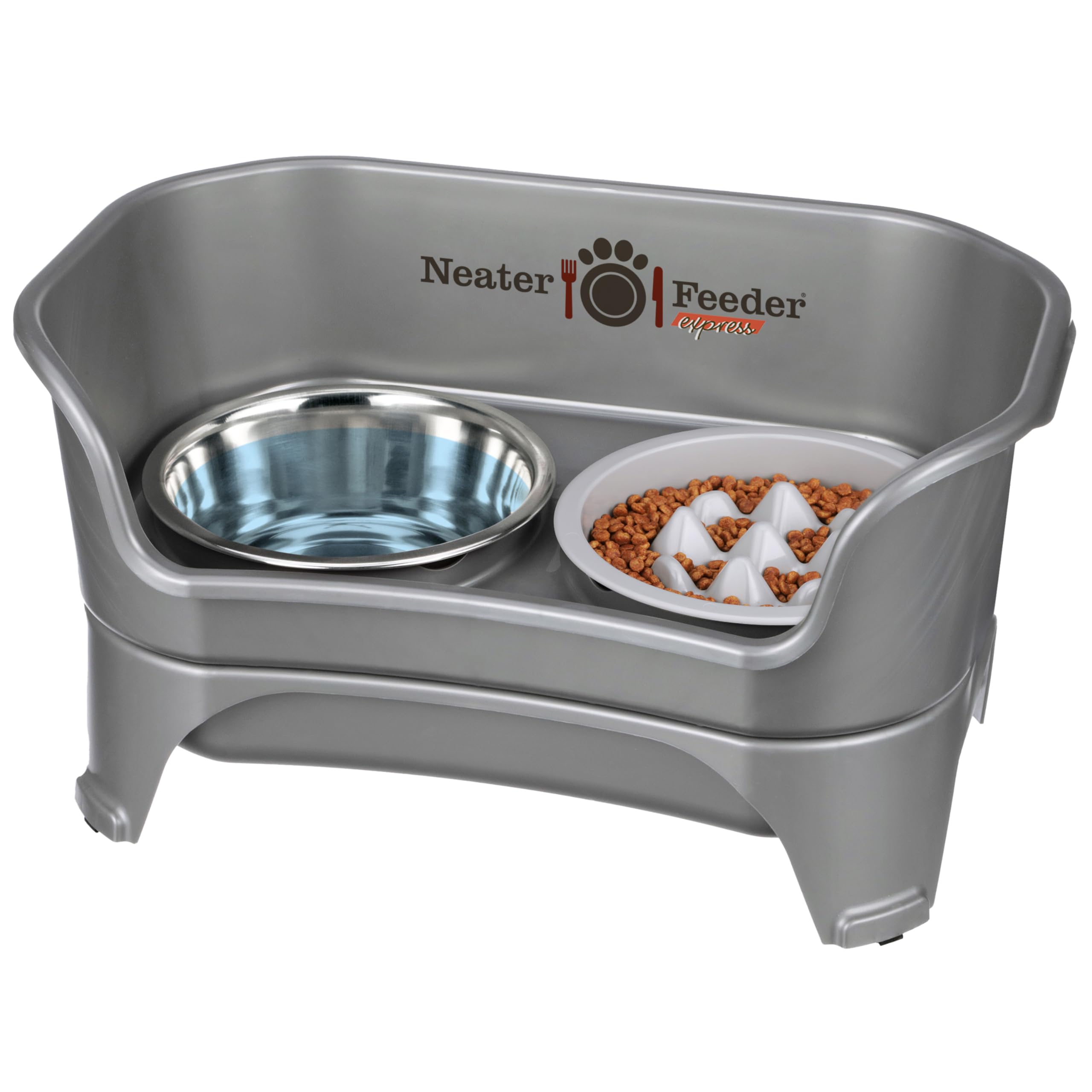 Neater Feeder Express mess-proof station showing raised bowls for cleaner floors