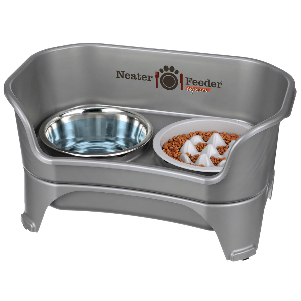Neater Feeder Express mess-proof station showing raised bowls for cleaner floors