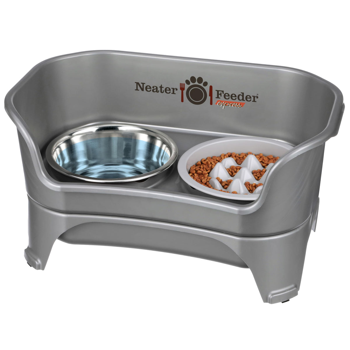 Neater Feeder Express mess-proof station showing raised bowls for cleaner floors