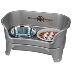 Neater Feeder Express mess-proof station showing raised bowls for cleaner floors