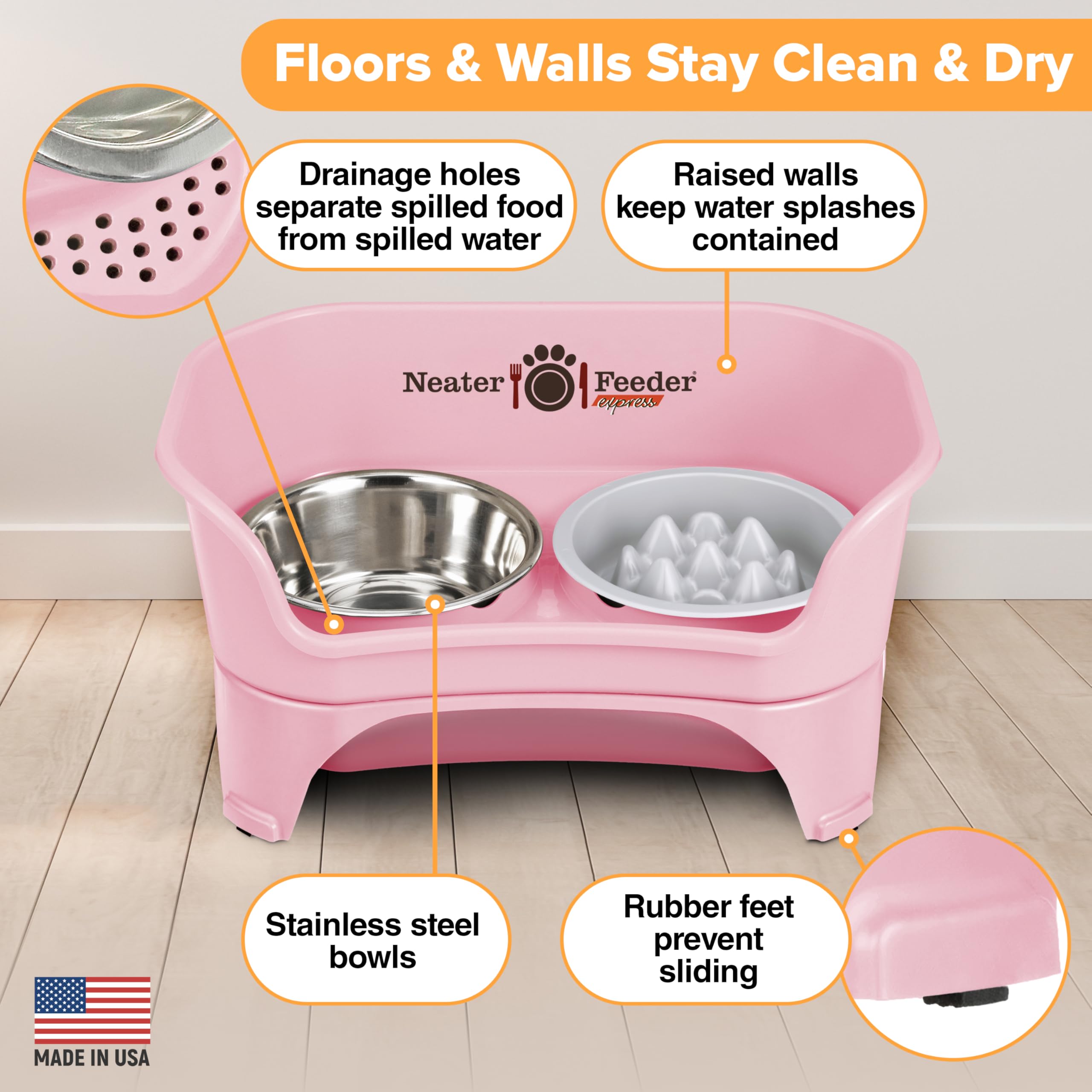 Neater Feeder Express no-spill water bowl design helps prevent pool and drips.