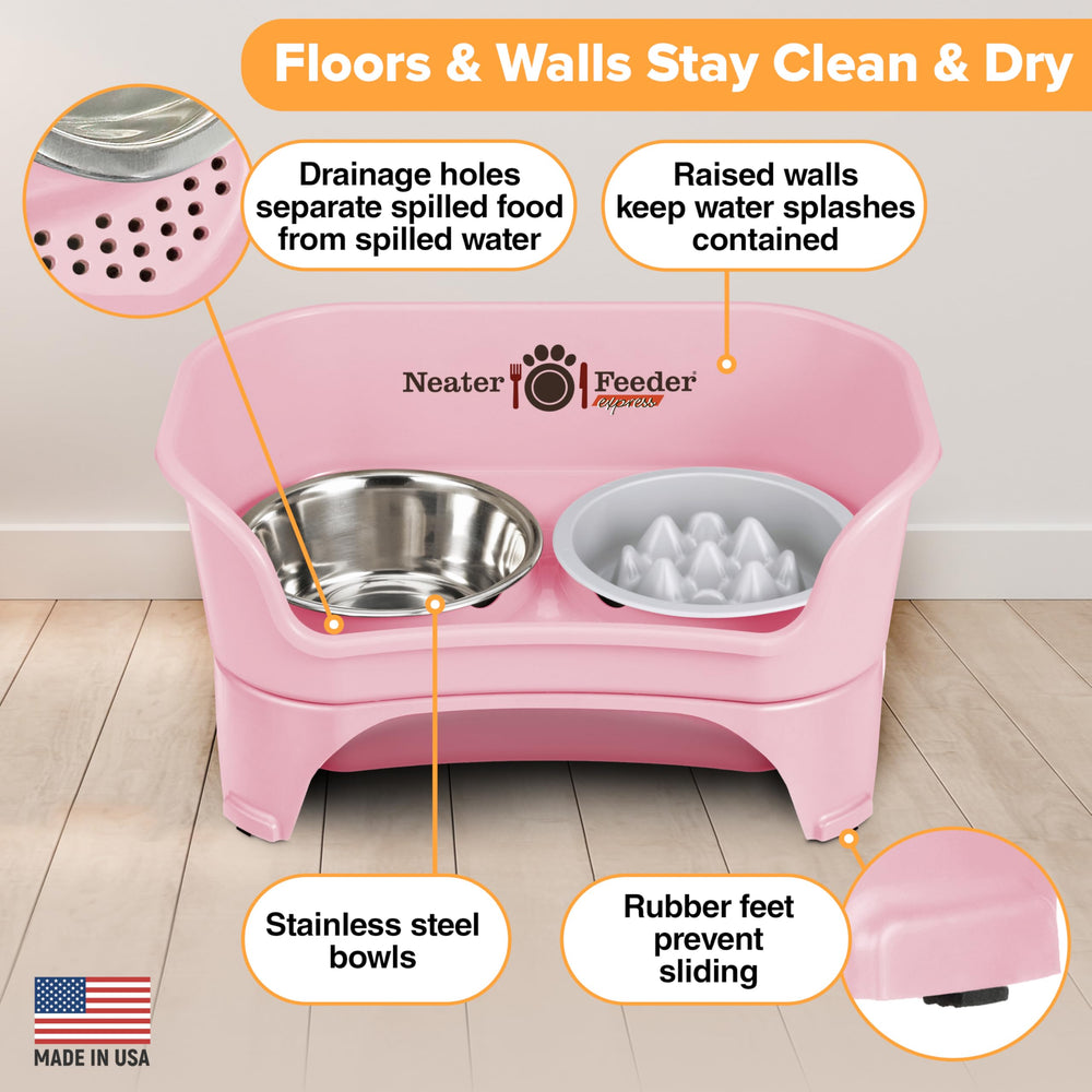 Neater Feeder Express no-spill water bowl design helps prevent pool and drips.