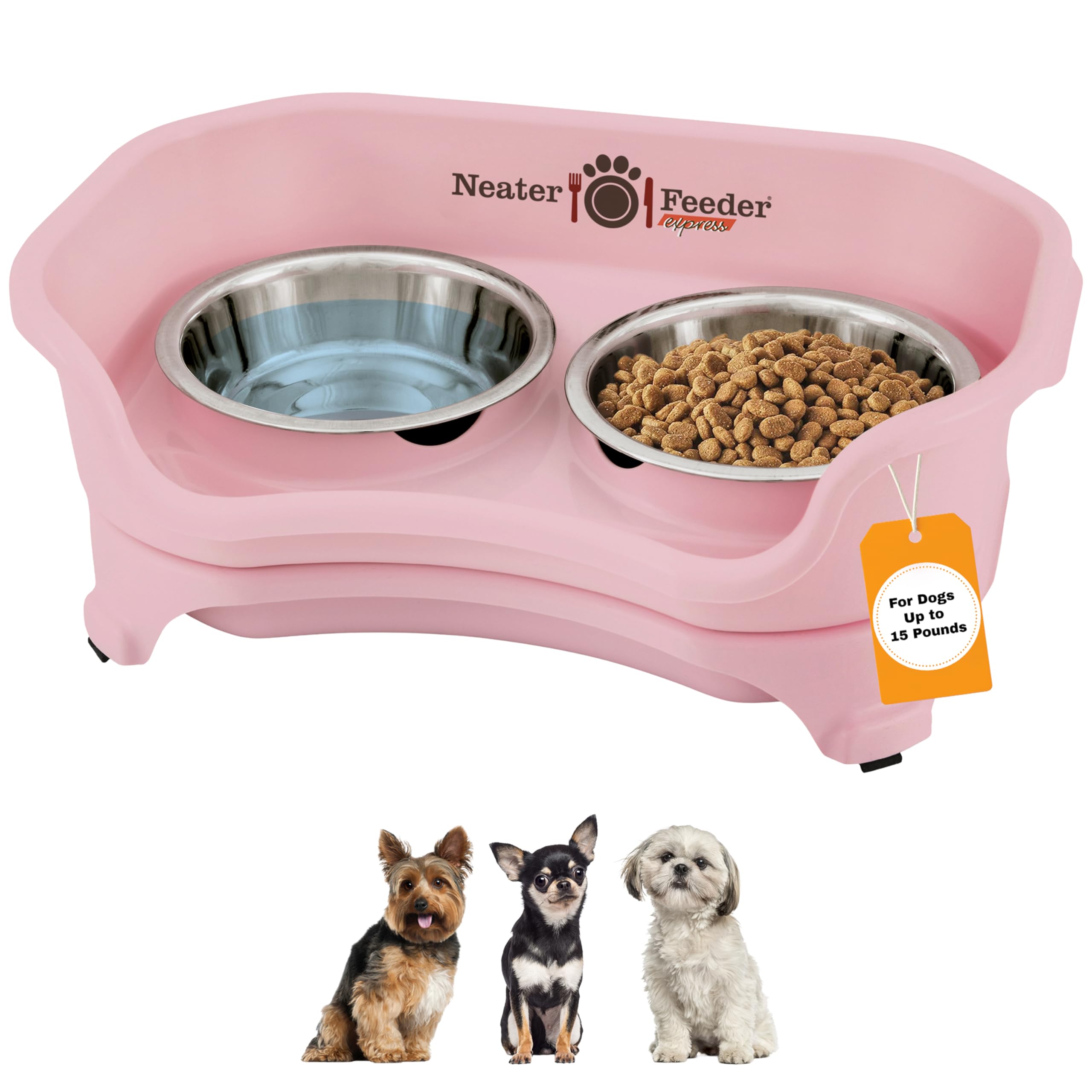 Neater Feeder Express pink bowls on an elevated stand for tidy small-dog meals